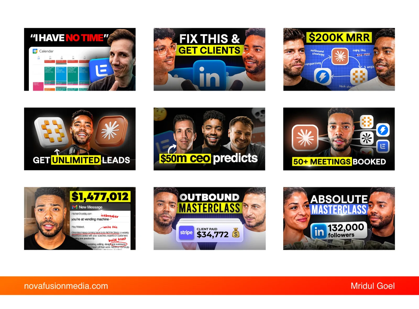 A grid of nine YouTube thumbnails designed for ColdIQ, using bold sans-serif text, yellow highlight blocks and brightened face shots.