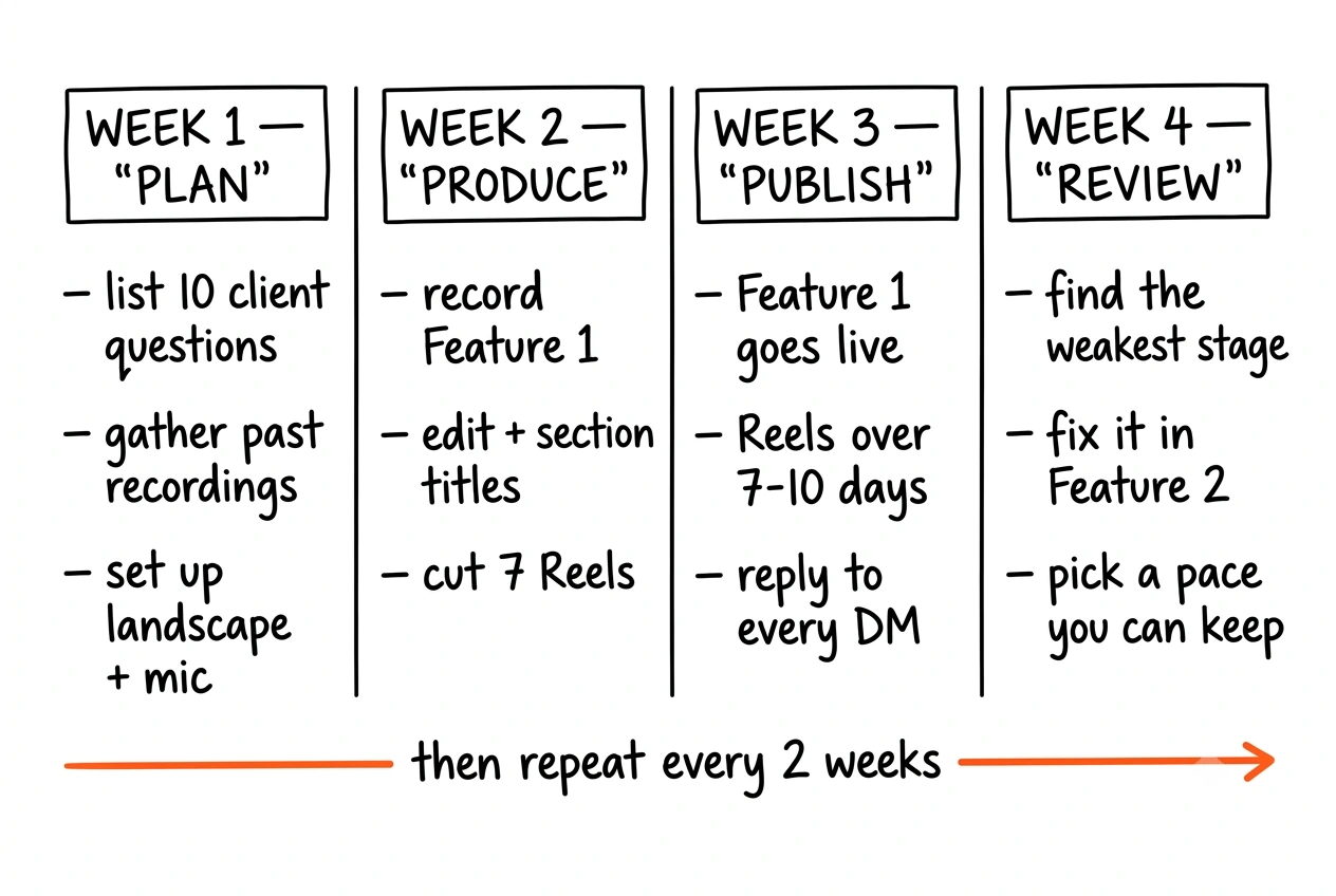 Four columns headed Week 1 Plan, Week 2 Produce, Week 3 Publish and Week 4 Review, each with three tasks, above an orange arrow reading then repeat every 2 weeks.