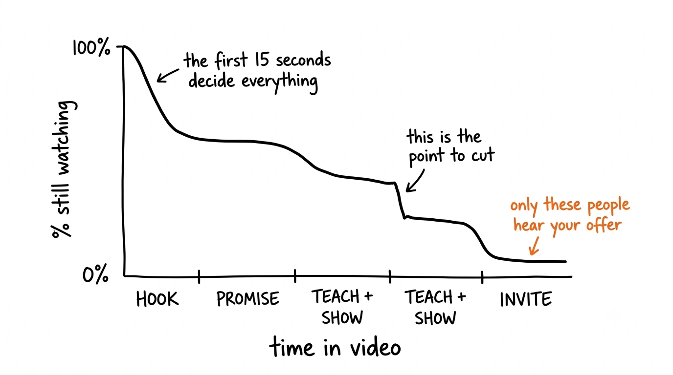 Hand-drawn retention curve showing percentage still watching against time, dropping steeply during the hook, stepping down through the teach and show sections, and flattening at the invite.